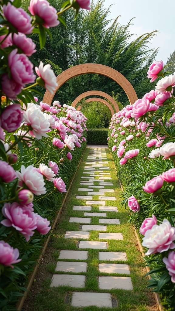 A beautiful garden walkway edged with blooming peonies.