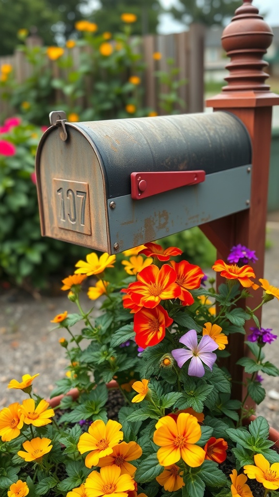 A rustic mailbox surrounded by vibrant edible flowers in various colors.