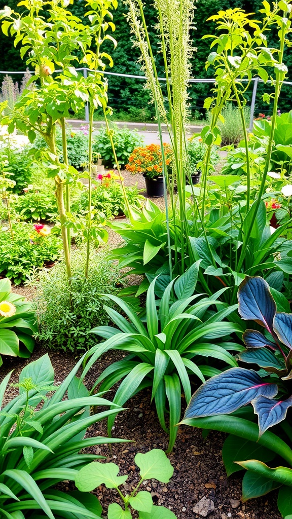 Lush garden with various edible plants and vibrant flowers.