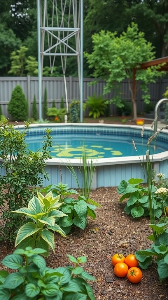 A vibrant poolside garden featuring an above-ground pool surrounded by herbs and vegetables, including tomatoes.