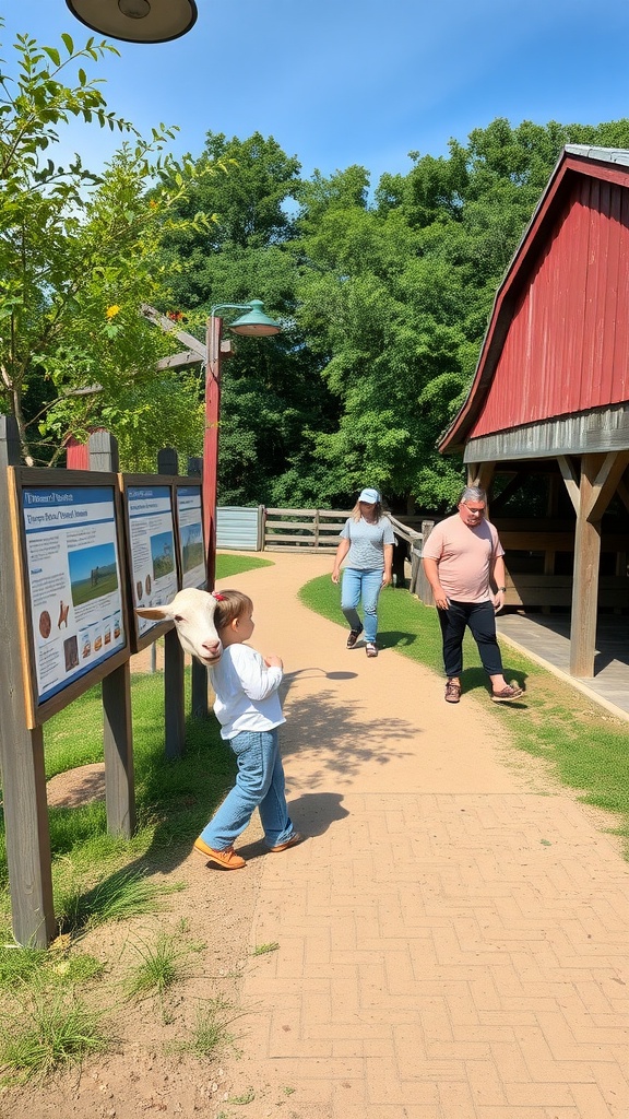 A child looking at a goat while adults walk along a farm path with educational signs.