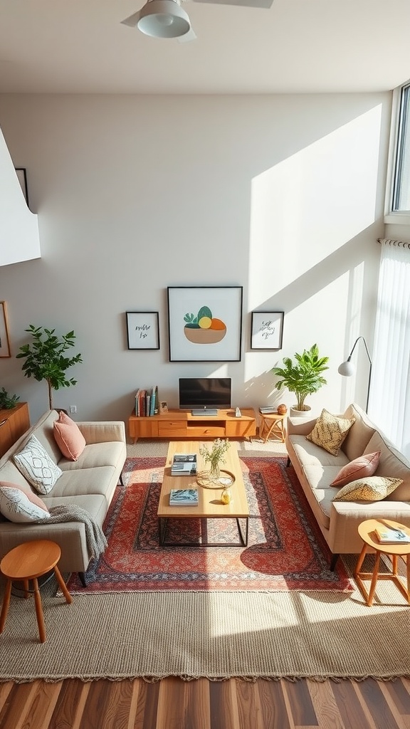 A cozy living room with two sofas facing each other, a coffee table in the center, and plenty of natural light streaming in.