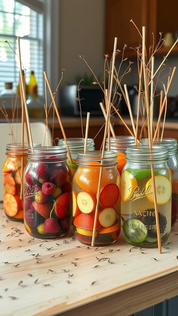 Jars filled with fruits used as traps for catching gnats, arranged on a wooden surface with some gnats around.