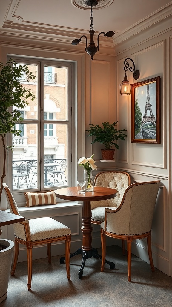 A cozy breakfast nook featuring a round wooden table, elegant chairs, and a view of outdoor seating, decorated in a bistro style with plant accents.