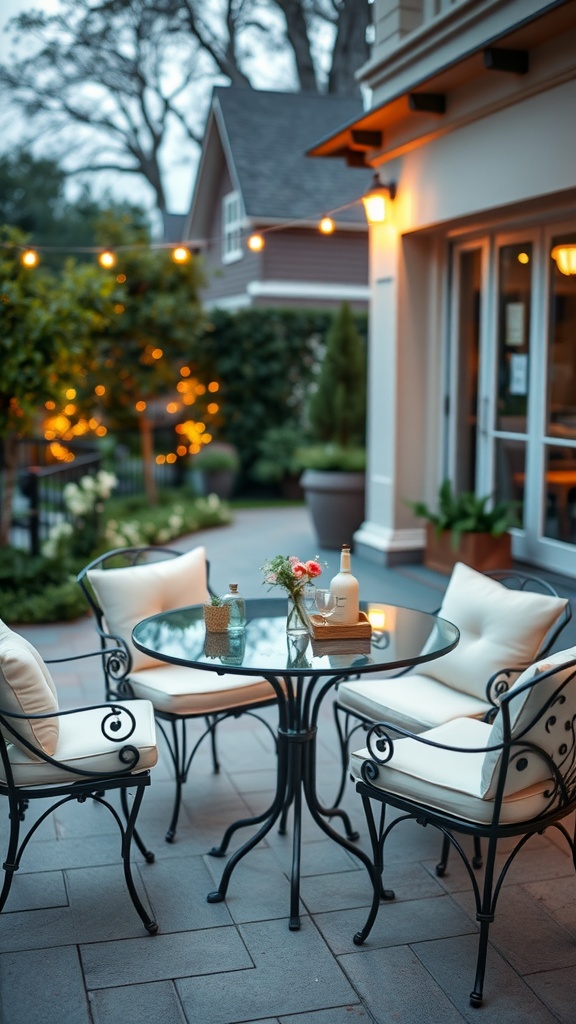 An elegant outdoor bistro set with white cushions, a round glass table, and warm lighting in a cozy garden setting.