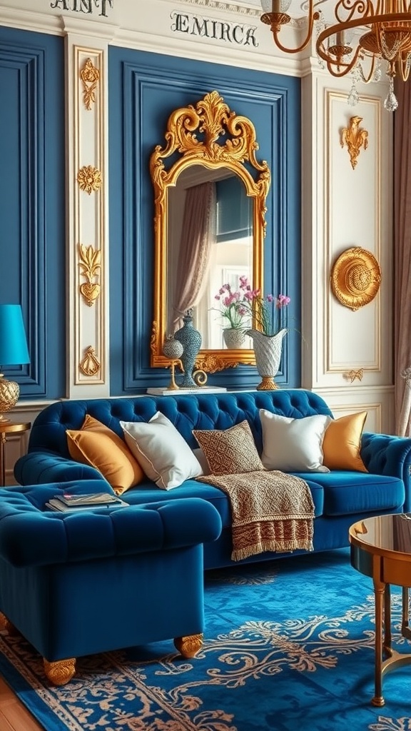 A luxurious living room featuring a blue couch with gold accents, elegant decor, and a warm atmosphere.