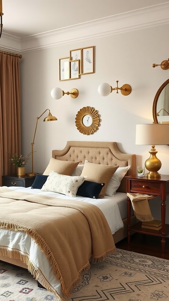 A cozy bedroom featuring brass accents in wall sconces and decorative items, with a neutral color palette.