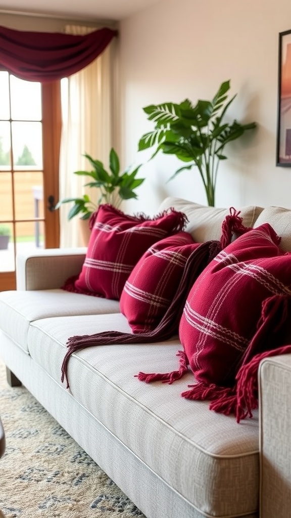 A cozy living room featuring a light-colored couch with burgundy pillows and plants in the background.