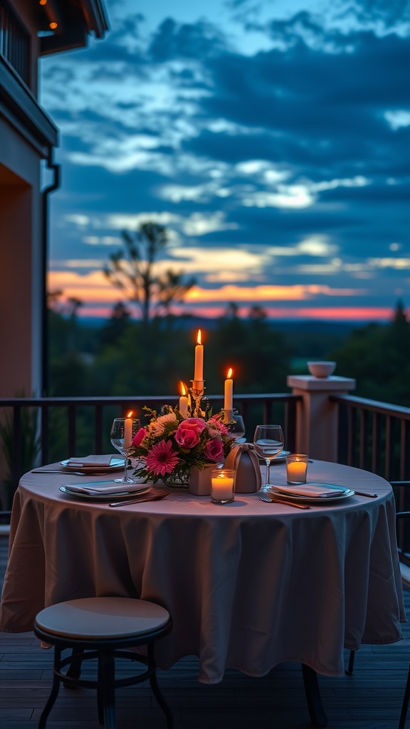 A beautifully set patio table for an elegant candlelit dinner at sunset.