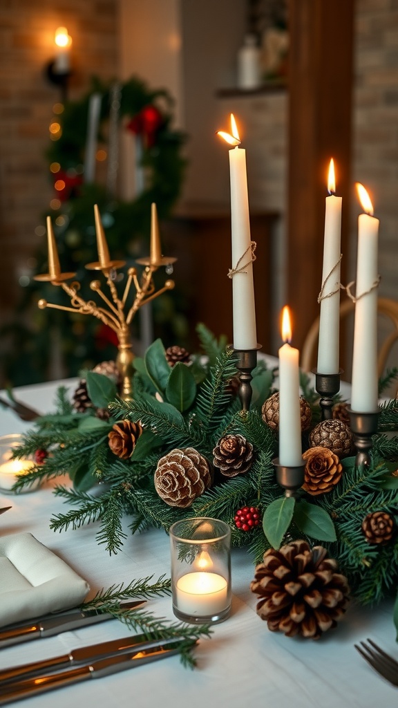 A beautifully arranged Christmas wedding table centerpiece with pinecones, candles, and greenery.