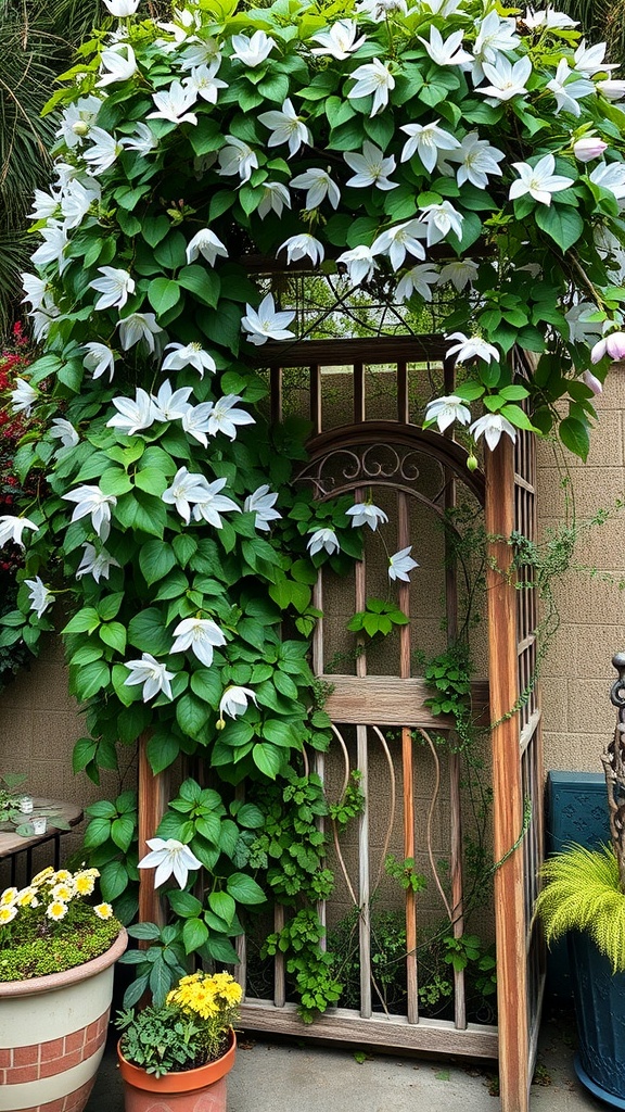 A lush trellis covered in white flowers and green leaves, creating a beautiful climbing vine display on a patio.