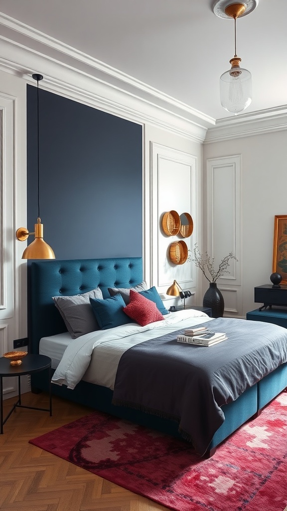 A stylish bedroom featuring a dark blue wall, plush bedding, and gold accents.