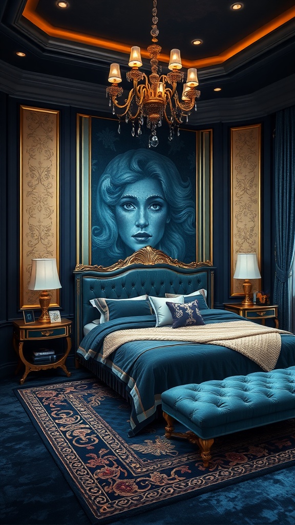 A luxurious bedroom featuring a rich blue color palette with gold accents and elegant furnishings.