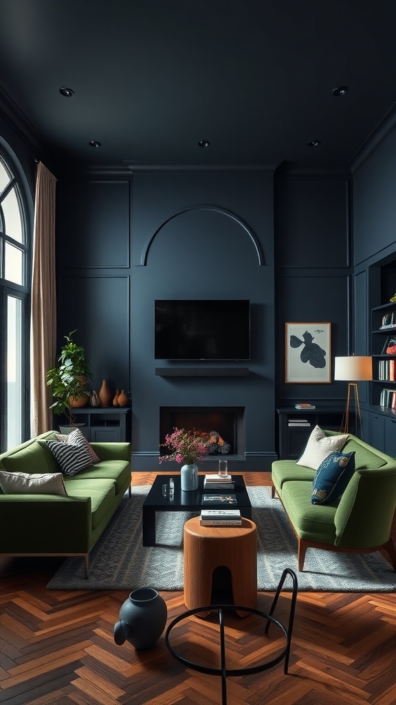 A living room with dark blue accent walls, green sofas, and wooden flooring.