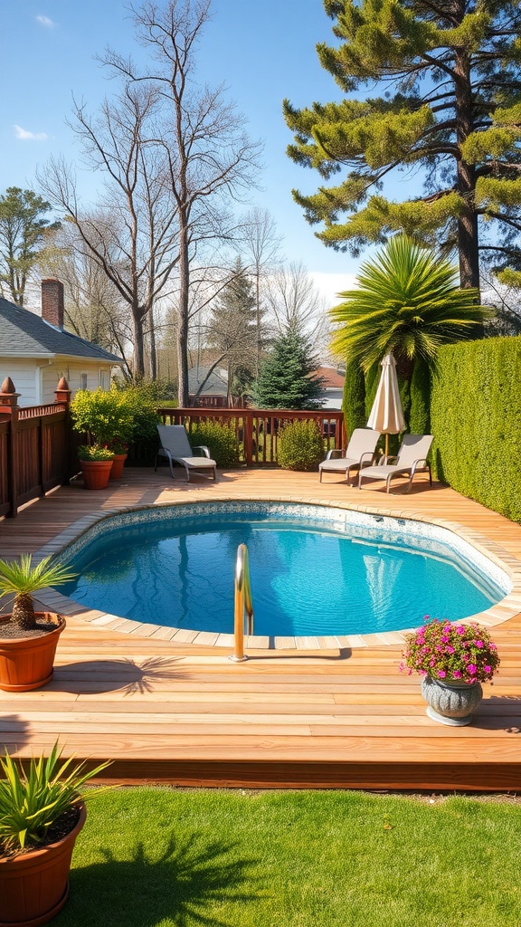 An elegant above-ground pool surrounded by a wooden deck, lush greenery, and potted plants.