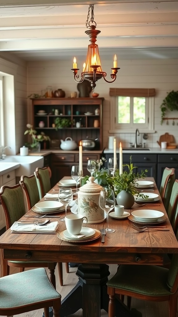 A beautifully set dining table in a French country kitchen with candles, floral arrangements, and elegant dishware.