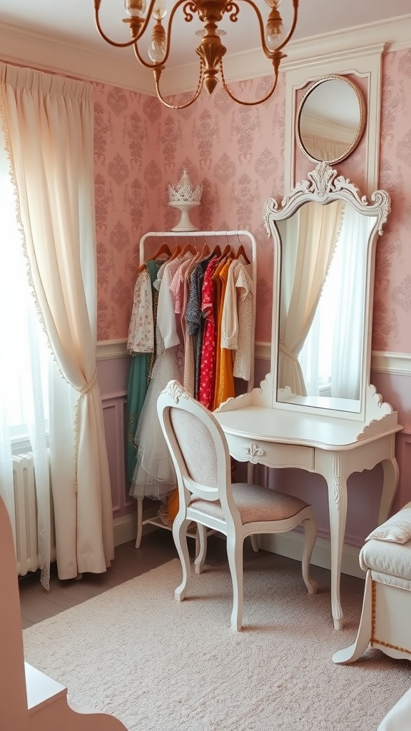 A beautifully designed princess bedroom corner featuring a clothing rack with colorful dresses, a fancy mirror, and a cozy vanity.