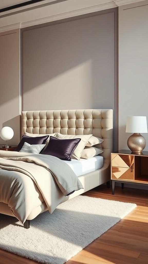 Elegant modern luxury bedroom featuring a tufted headboard, plush bedding, and stylish furniture.