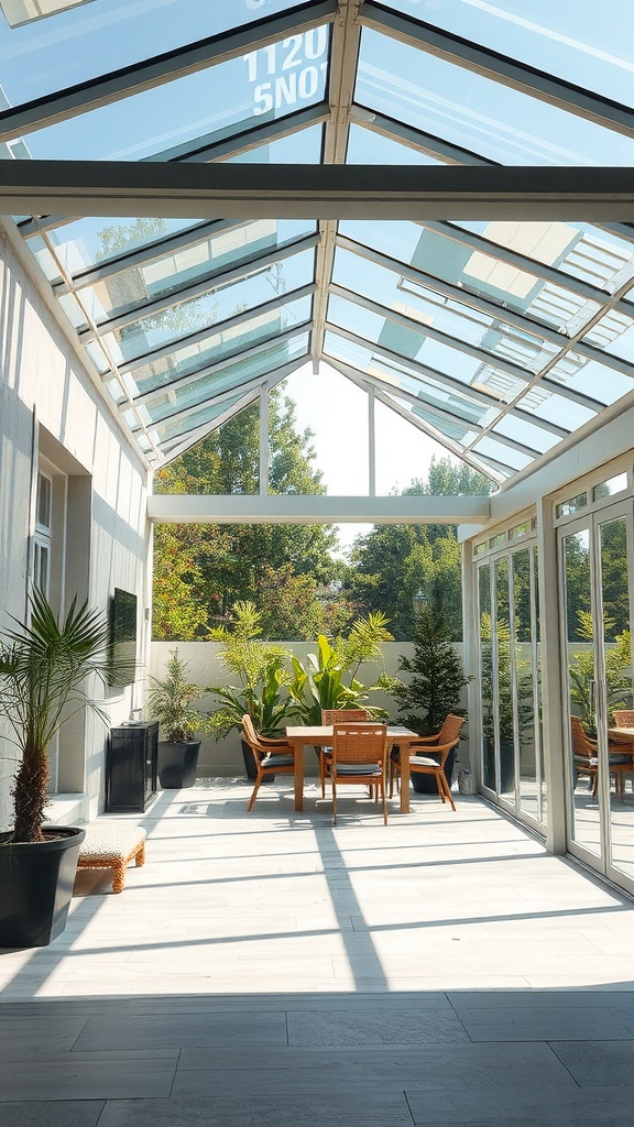 A bright patio with a glass roof, showcasing wooden furniture and greenery.