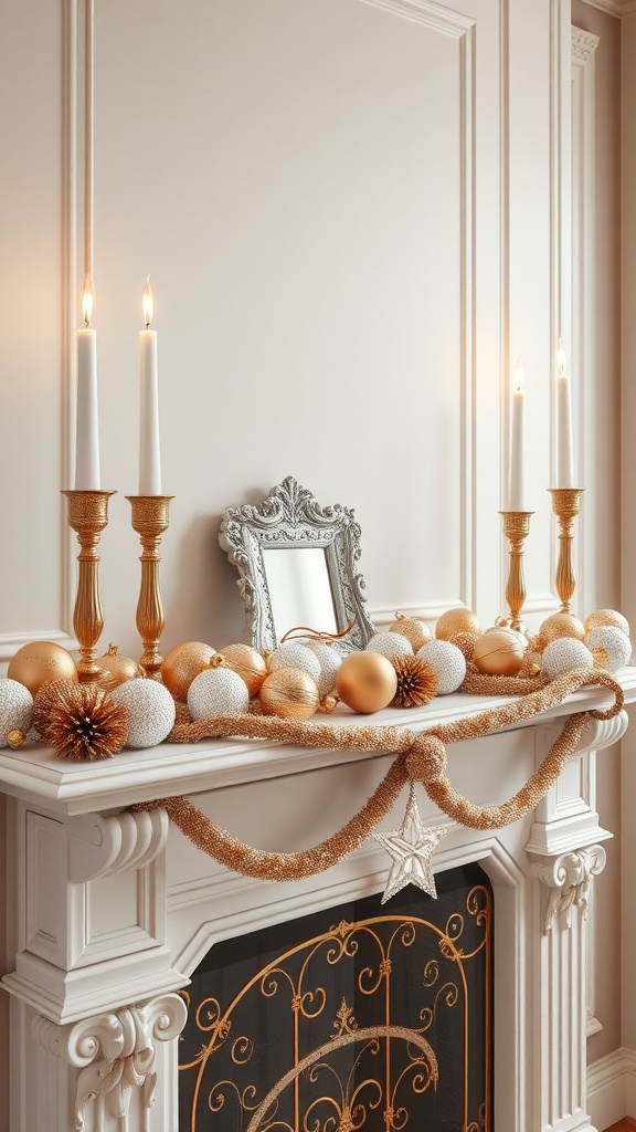 A beautifully decorated mantel with gold and white accents, featuring candles, ornaments, and a decorative frame.