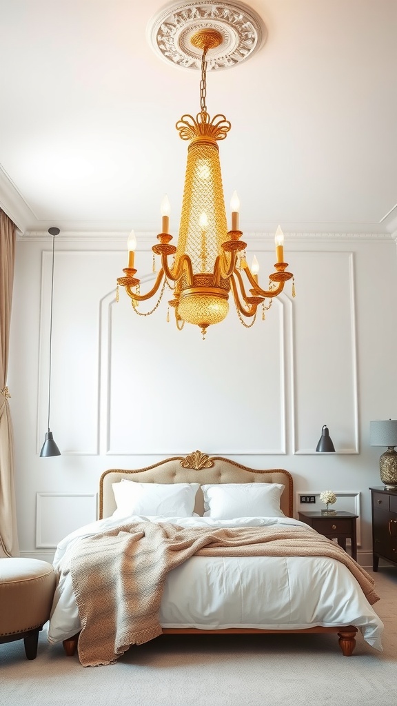 Elegant gold chandelier above a beautifully made bed in a sophisticated bedroom setting