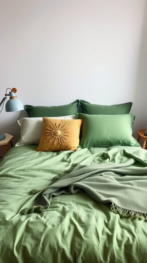 A cozy green bedroom featuring layered bedding with green pillows and a mustard yellow accent pillow.