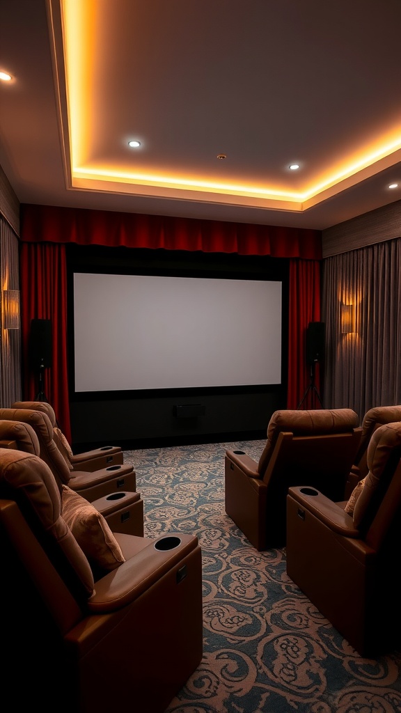 Elegant home theater setup with plush recliners and ambient lighting