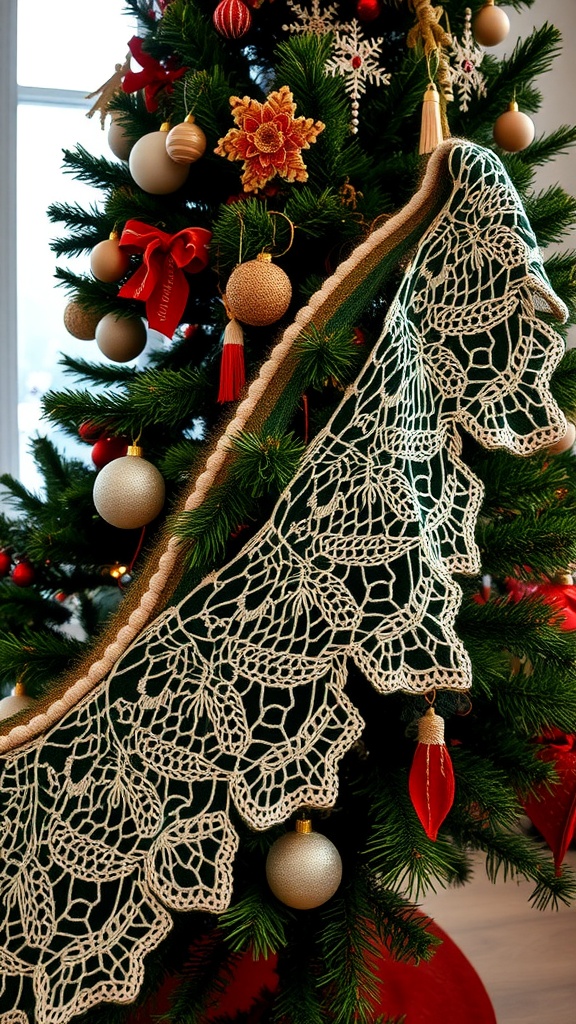 Elegant lace crochet garland draped on a Christmas tree decorated with red and gold ornaments