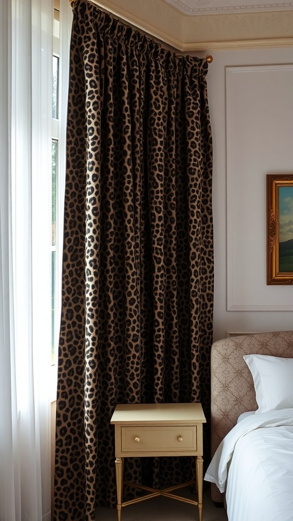 Elegant leopard print curtains in a stylish bedroom with a nightstand