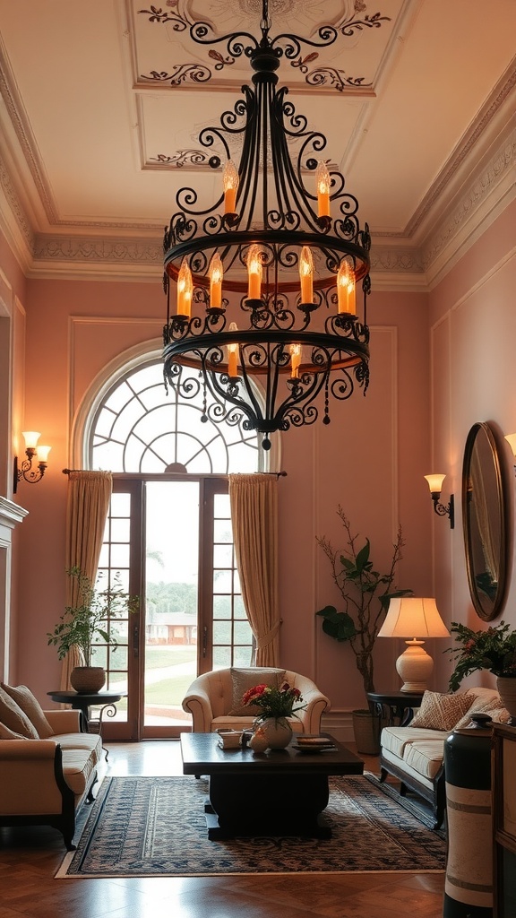 Elegant Mediterranean living room with a black chandelier and large windows