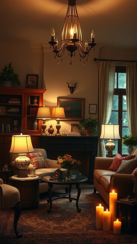 A cozy living room with a chandelier, elegant lamps, and candles, creating a dark academia atmosphere.