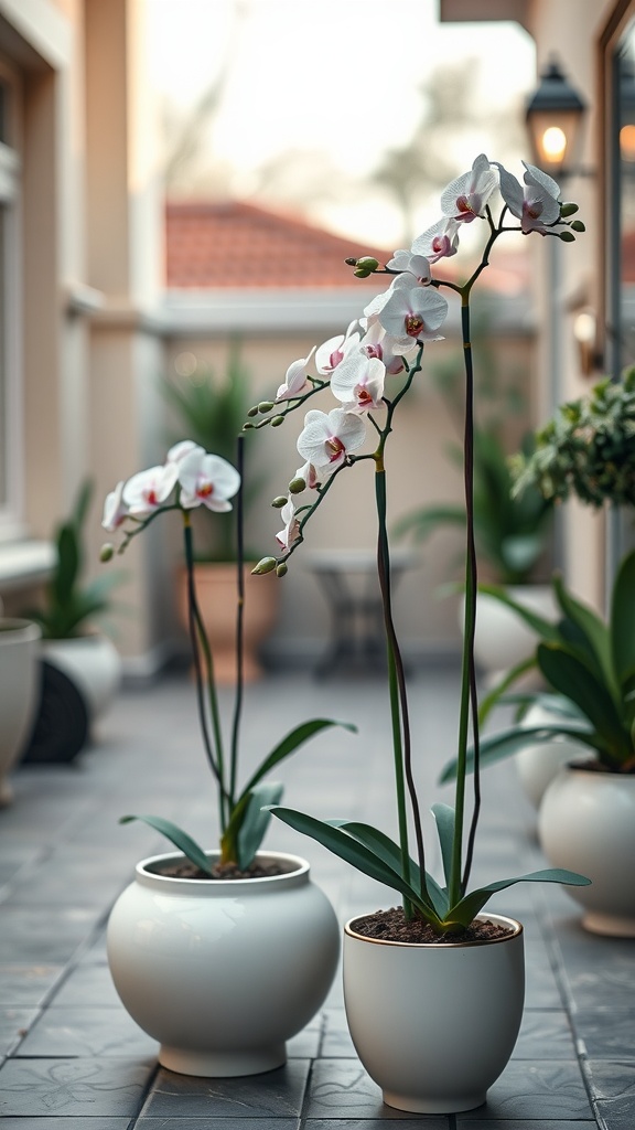 Two elegant white orchid arrangements in sleek white pots on a patio