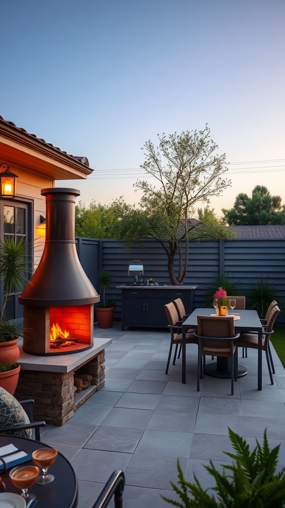 Elegant outdoor patio featuring a chiminea and dining area with a grill station.