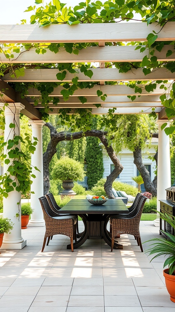 A backyard patio featuring a pergola adorned with greenery, a dining table, and woven chairs.