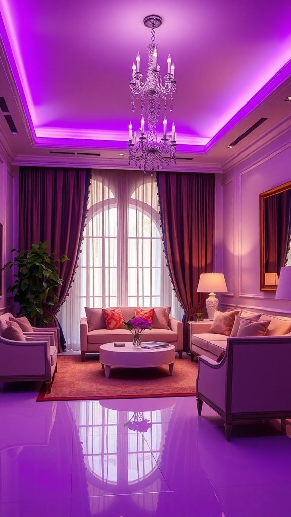 Elegant purple lighting fixtures in a stylish living room with a chandelier and plush seating.