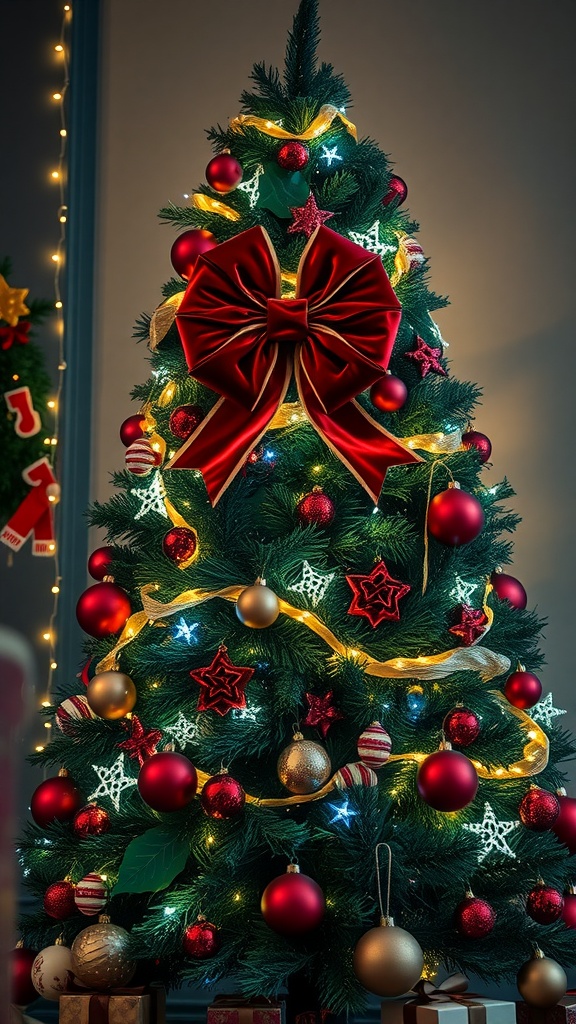 A decorated Christmas tree featuring a large red velvet bow, ornaments, lights, and gifts at the base.