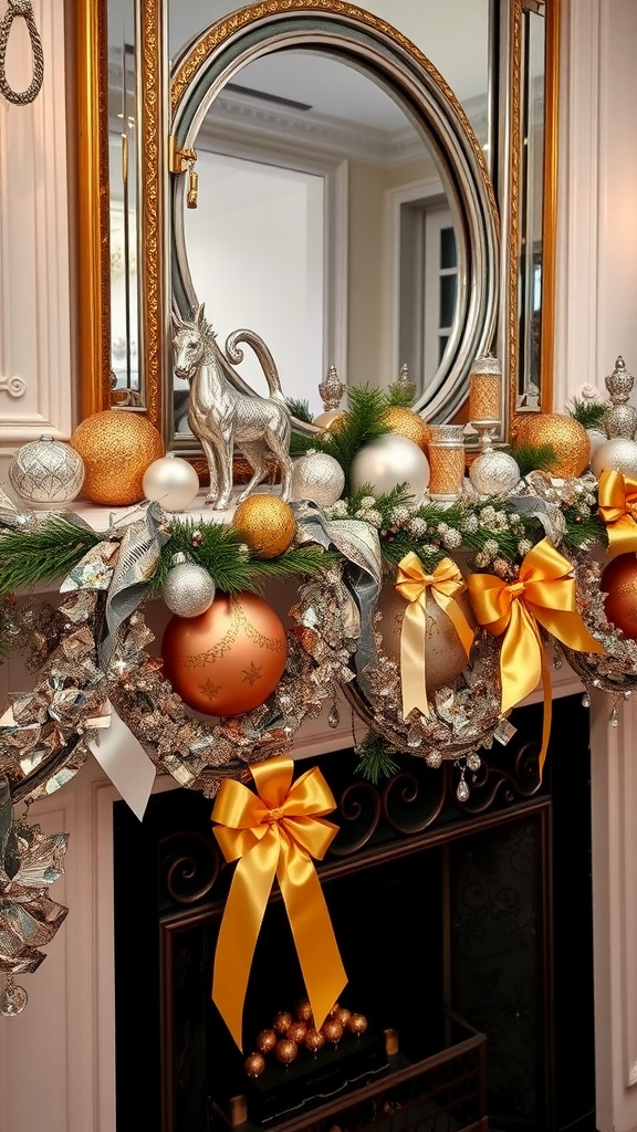 Christmas mantel decorated in silver and gold with ornaments, greenery, and ribbons