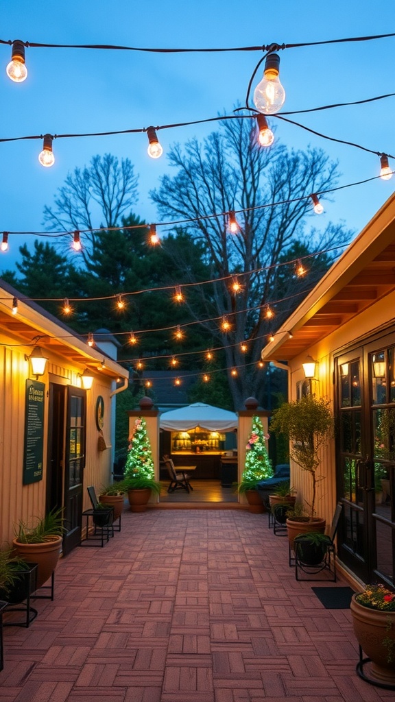 A cozy outdoor walkway adorned with string lights and potted plants, creating a warm and inviting atmosphere.