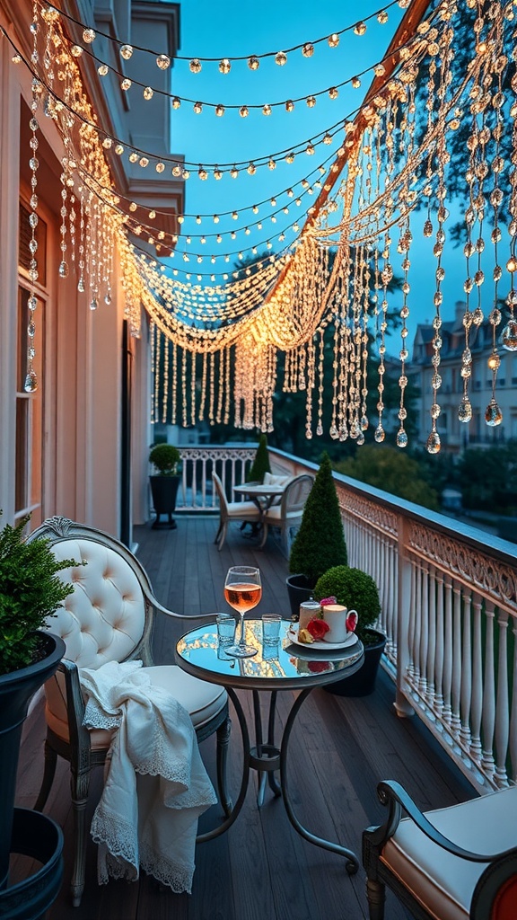 Balcony decorated with crystal beaded lights, featuring a cozy seating area with a table set for drinks and snacks.