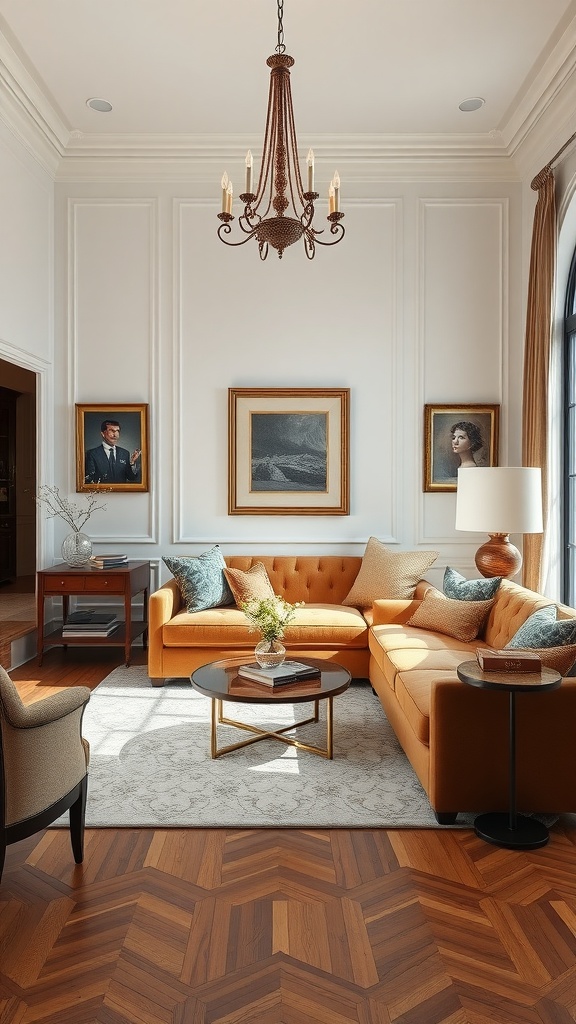 Elegant living room featuring a brown sofa, wooden flooring, chandelier, and decorative artwork.