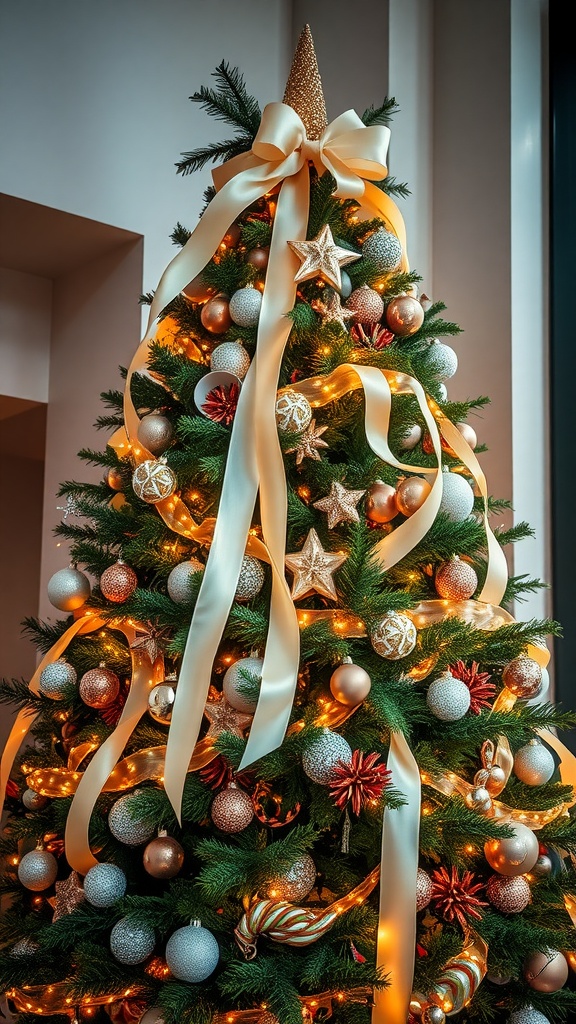 Christmas tree decorated with white and gold ribbons and ornaments