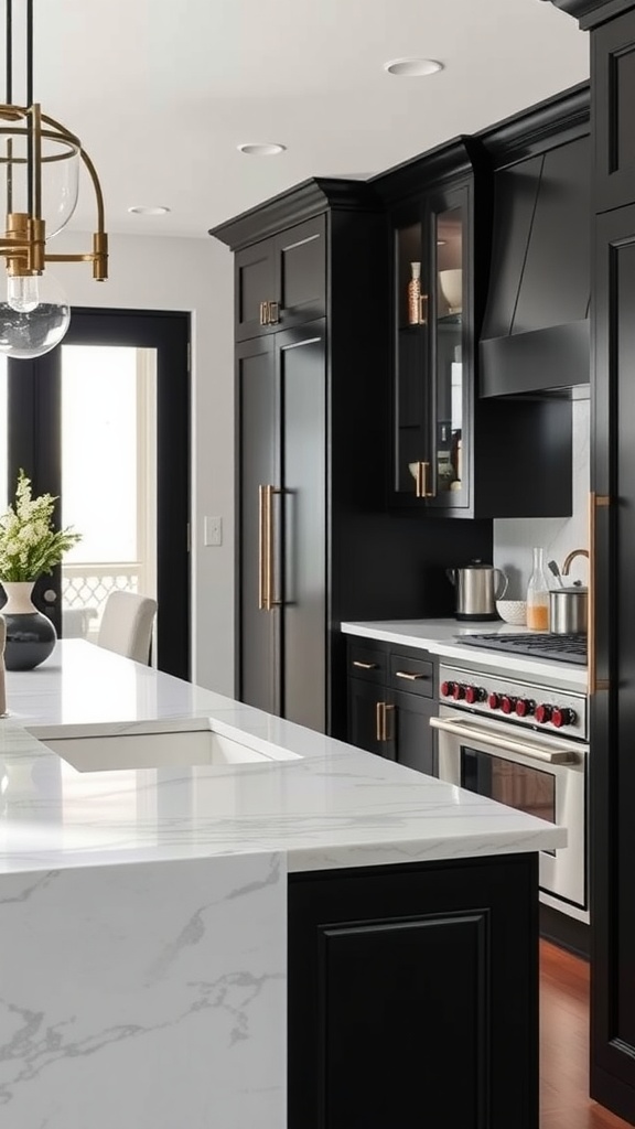 A modern kitchen featuring white marble countertops paired with black cabinetry and gold hardware.