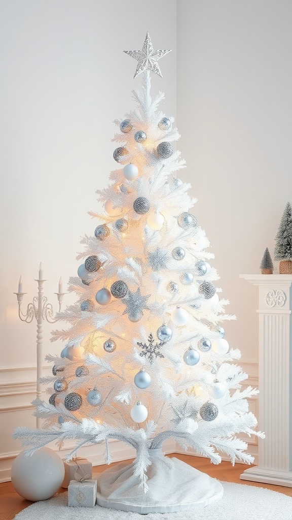 A stylish white pencil Christmas tree decorated with silver and blue ornaments, illuminated with soft lights, and topped with a star.