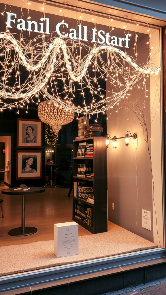 A window display featuring elegant white string lights arranged in a canopy style.