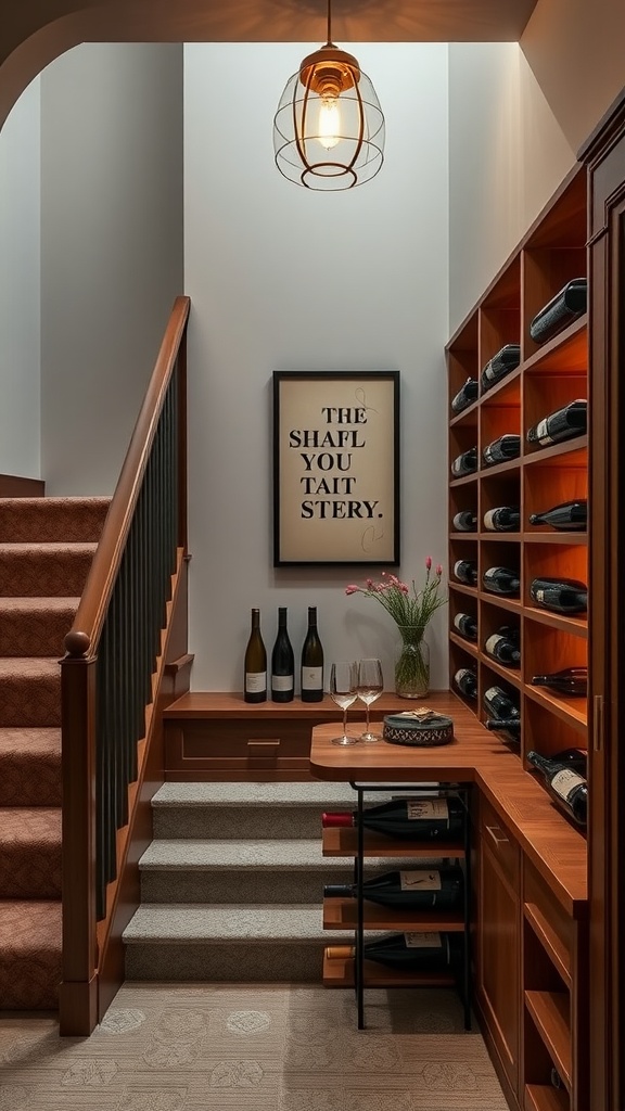 A cozy staircase nook featuring wine storage, with wooden shelves, a small table for wine glasses, and decorative elements.