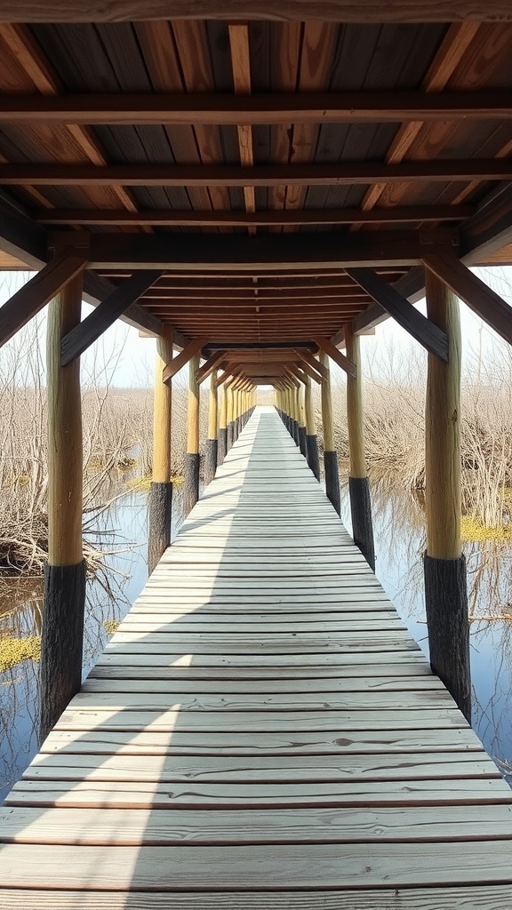 A long elevated wooden walkway over wetlands, supported by sturdy posts and surrounded by bare trees.