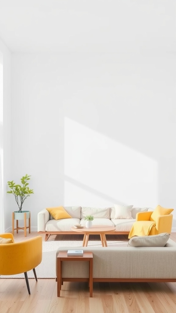 A minimalist yellow-themed living room with beige sofas, yellow accents, and a wooden coffee table