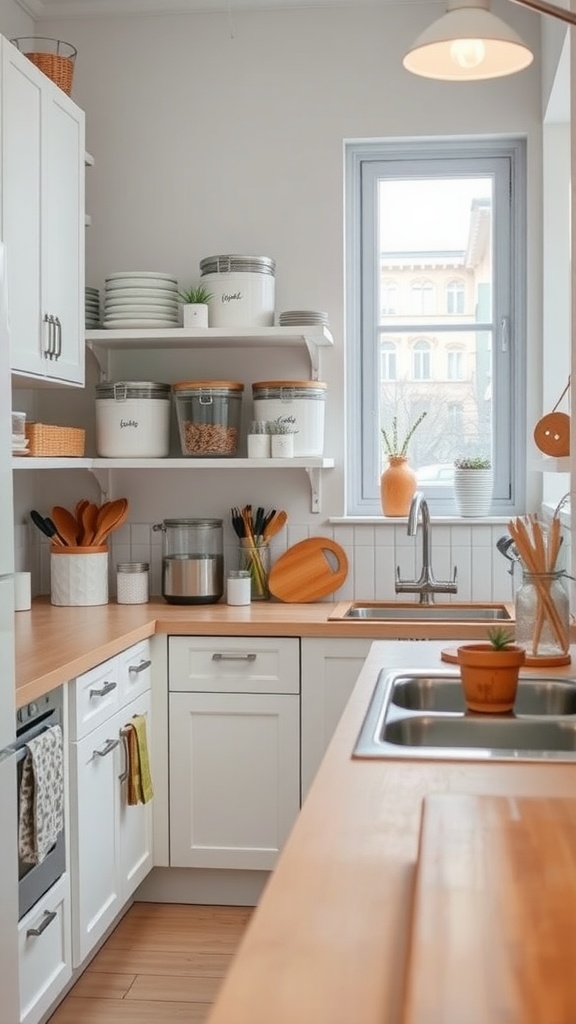 Bright Scandinavian kitchen with white cabinetry, wooden countertops, and neatly organized shelves