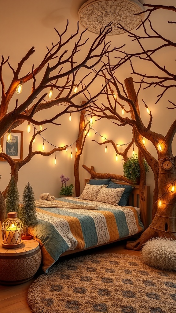 A cozy bedroom designed to resemble an enchanted forest, featuring tree-like structures, warm lights, and nature-inspired decor.