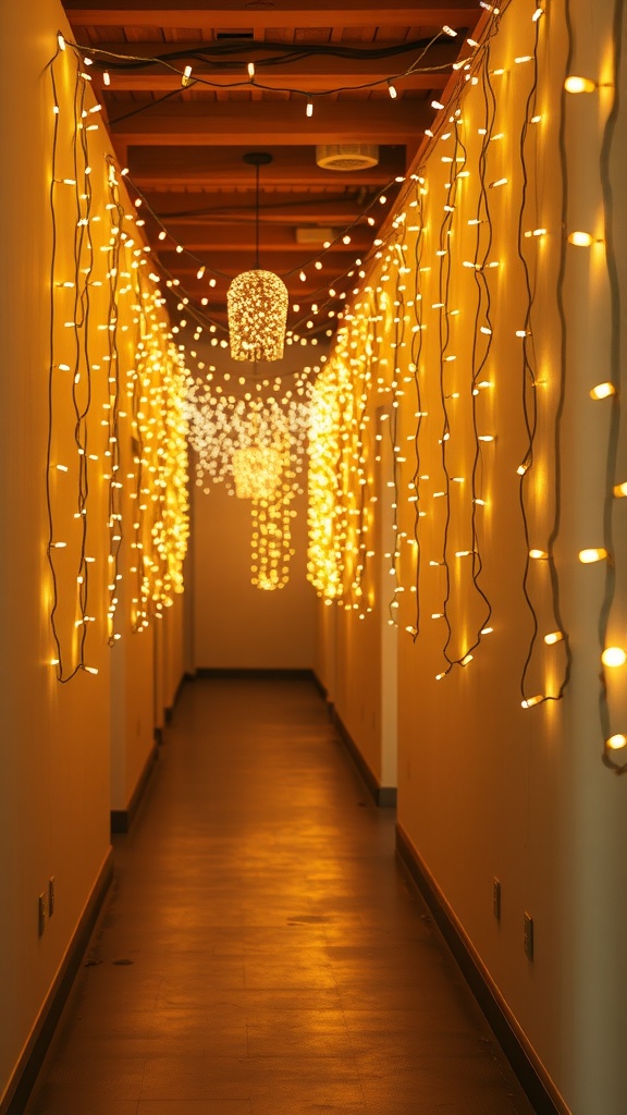 A beautifully lit hallway with strings of fairy lights hanging down the walls.